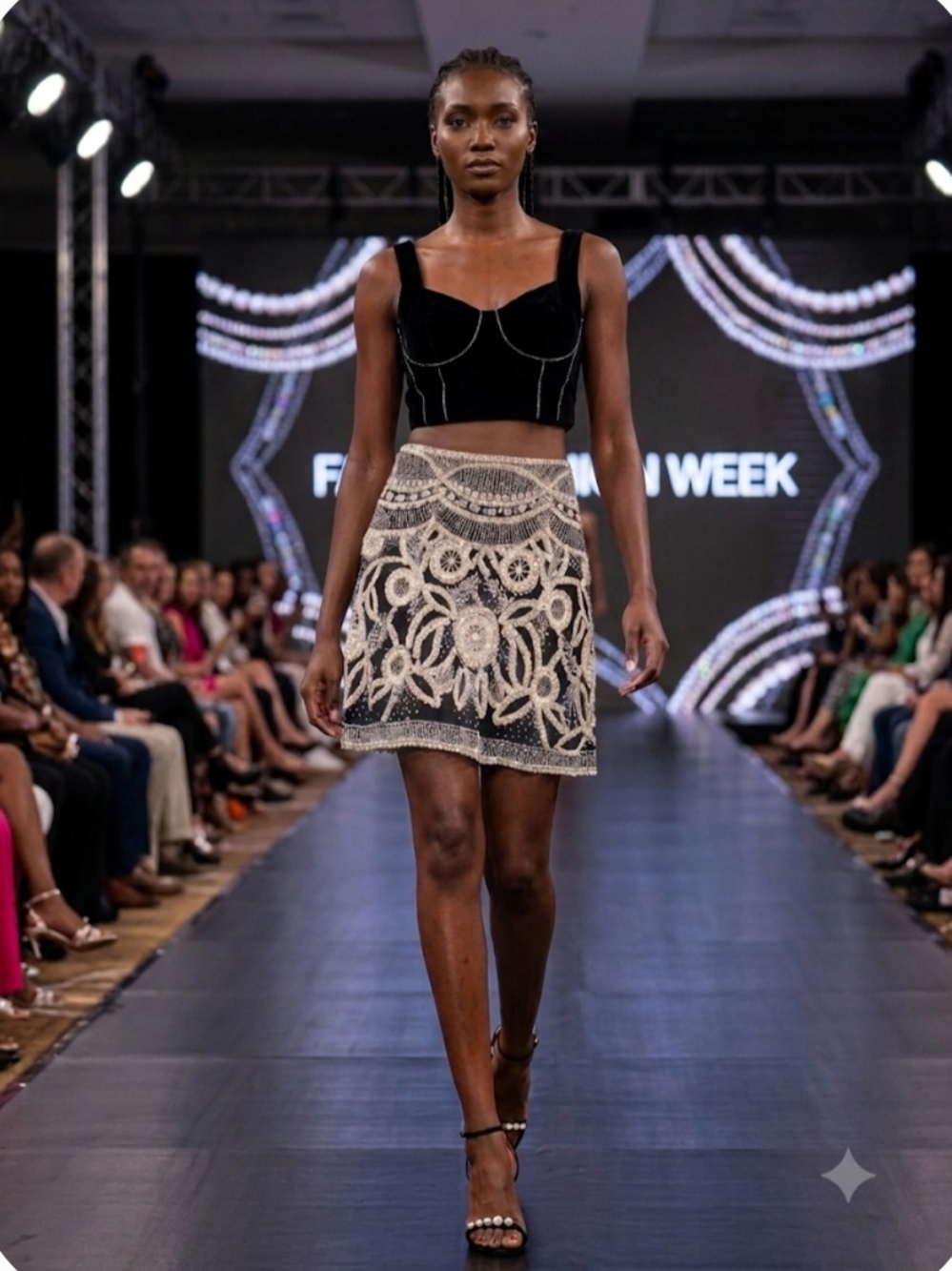 Naeem Khan Black Mini Skirt with Cream Beaded Motif